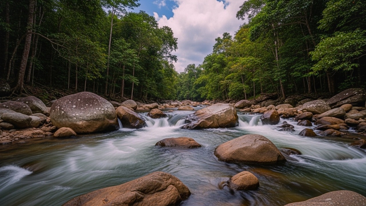 Relaxing Nature Sounds for Sleep – Soothing River Flow and Waterfall in Tropical Green Forest