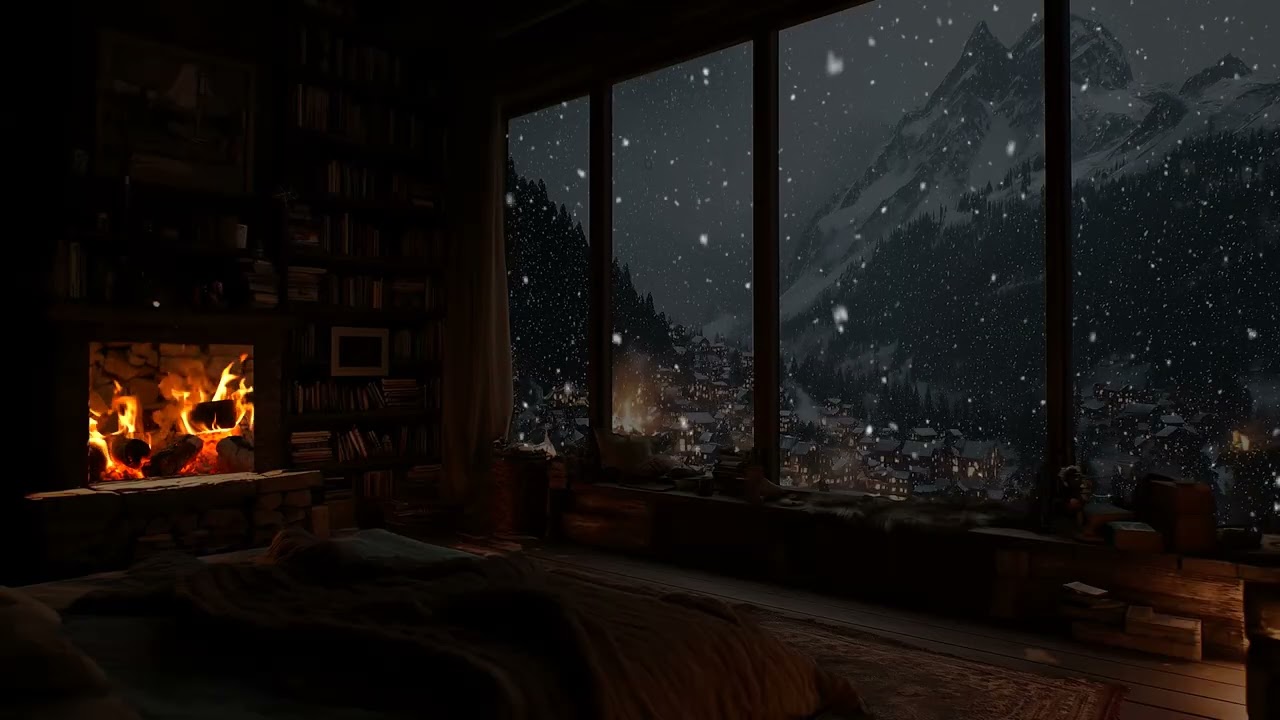Warm Fireplace & Soft Piano Relaxing Holiday Ambience with Snowfall
