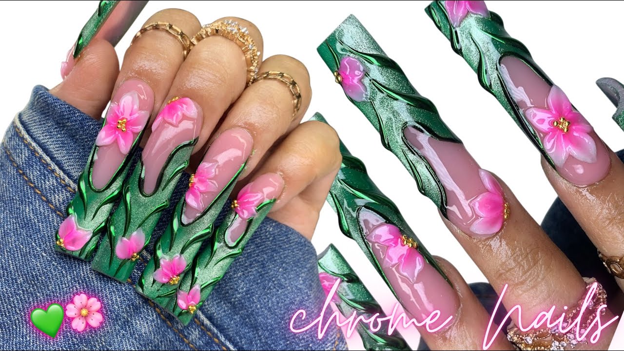 SUMMER ACRYLIC NAILS/ GREEN CHROME WITH PINK JELLY FLOWERS NAILS 💚🌸