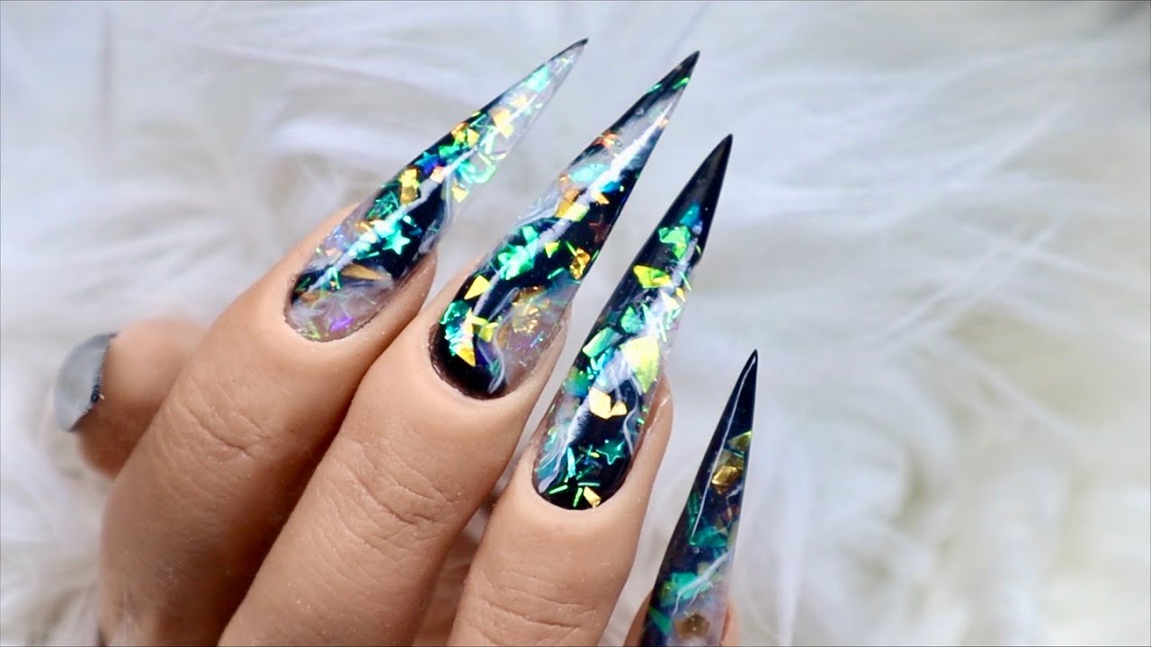 Dimensions - layering with gel, glitter encapsulated negative space - extreme length stiletto nails