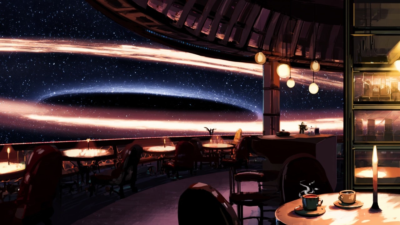 a cozy jazz café at the end of the galaxy