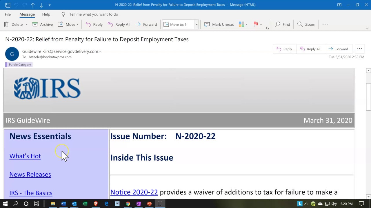 IRS News Waiver Related to Payroll Taxes COVID-19