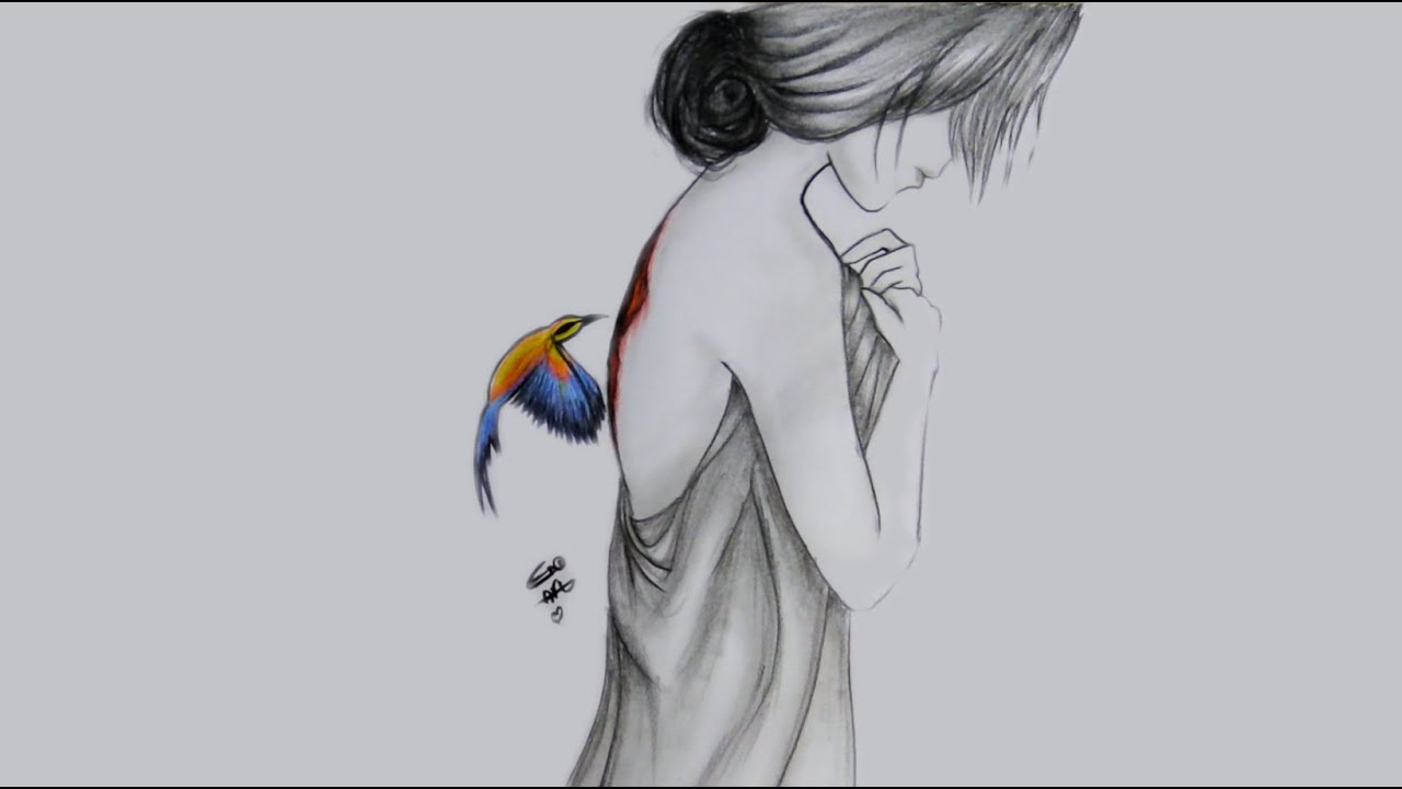 ويأتى طائر الذكريات ليحيي جراحنا القديمة وقد ظننت انى نسيت | رسم تعبيرى بالرصاص | رسم فتاة حزينة