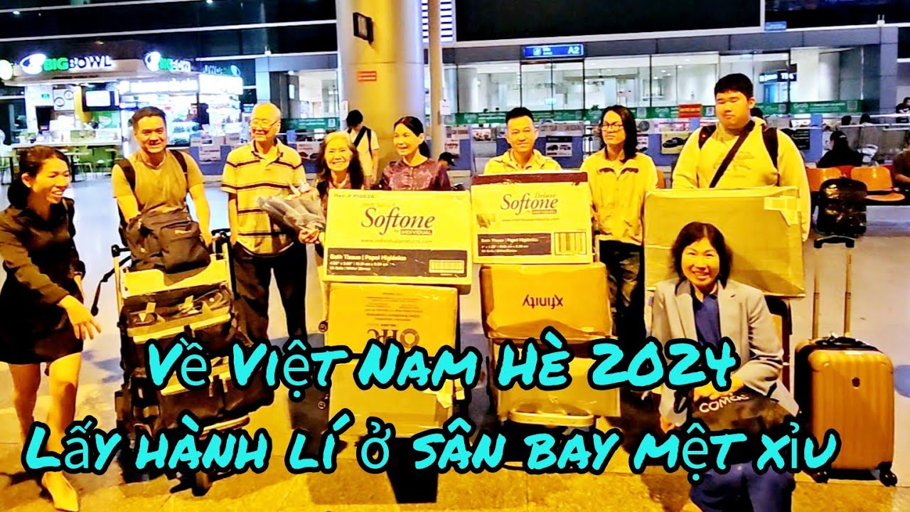 Việt kiều tấp nập lấy hành lý ở sân bay, đi xe limousine về quê Thảo Cali