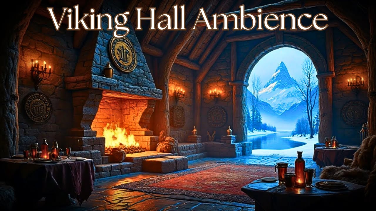 Warm Viking Hall Ambience: Crackling Fire, Snowy Twilight Winterscape, Distant Wolves Howl. No music