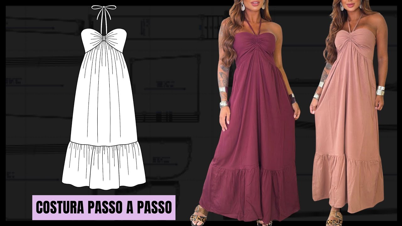 Costura passo a passo VESTIDO LONGO COM BUSTO FRANZIDO E BABADO NA BARRA ✂️