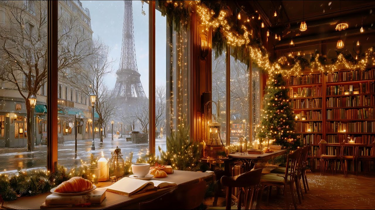 Cozy Winter Paris Café Ambience ☕ Smooth Jazz Piano Music with Eiffel Tower for Study, Work, Sleep❄️