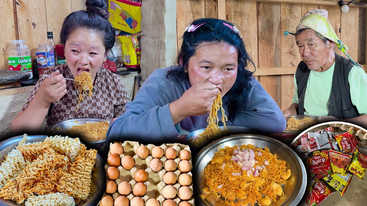 Egg and Noodles fry recipe eating in village अण्डा र चाउचाउ खाजा  New Nepali Village vlog