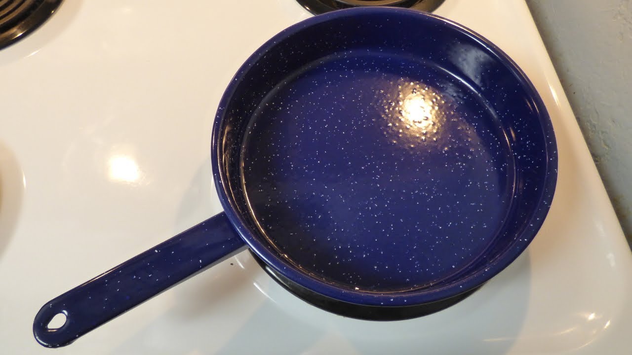 Blue Speckled Enamelware Fry pan, Eggs Over Easy