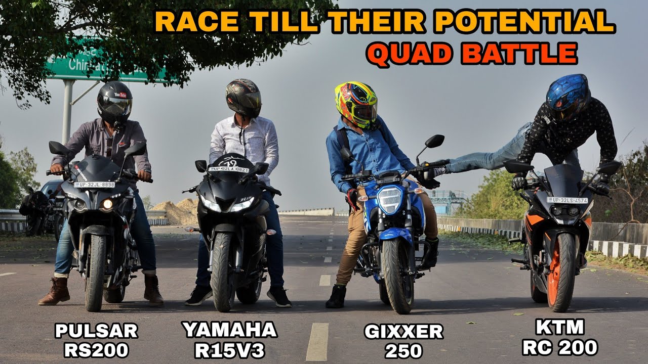 Pulsar RS200 Vs Gixxer 250 Vs Ktm RC 200 Vs Yamaha R15V3 | Race Till Their Potential | Quad Battle