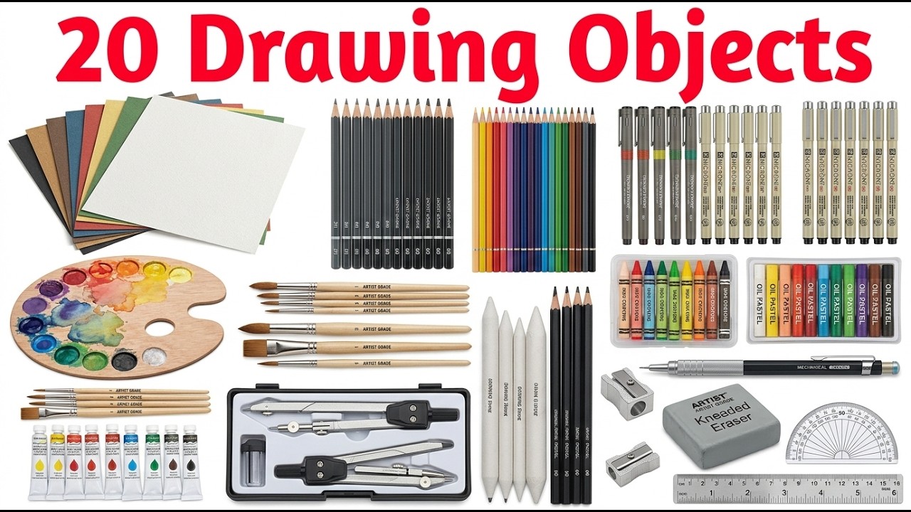 20 ड्रॉइंग ऑब्जेक्ट के नाम | Learn 20 Drawing Objects in English | Educational Video for Kids