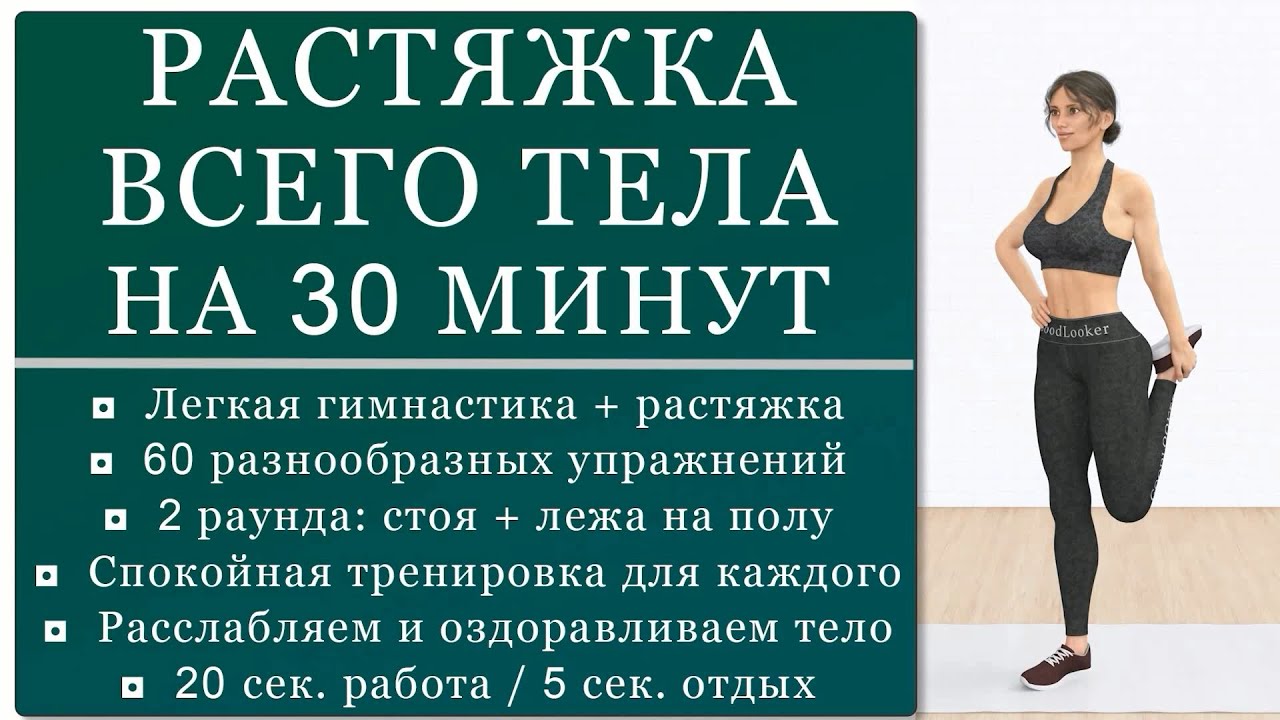 День 7. Растяжка + легкая гимнастика на 30 минут 60 упражнений для хорошей мобильности стоя и лежа