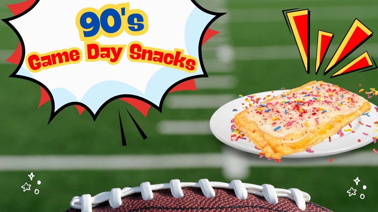 I TURNED 90's SNACKS INTO SUPER BOWL FOOD: POP TARTS, HOT POCKETS, NACHO DIP AND CHOCO TACOS.
