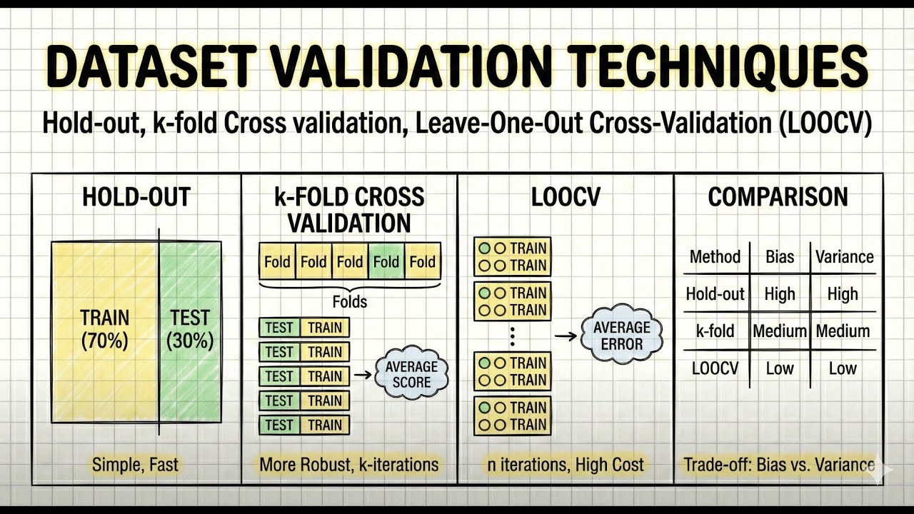 Dataset Validation : Hold-out, k-fold Cross validation, Leave-One-Out Cross-Validation (LOOCV)