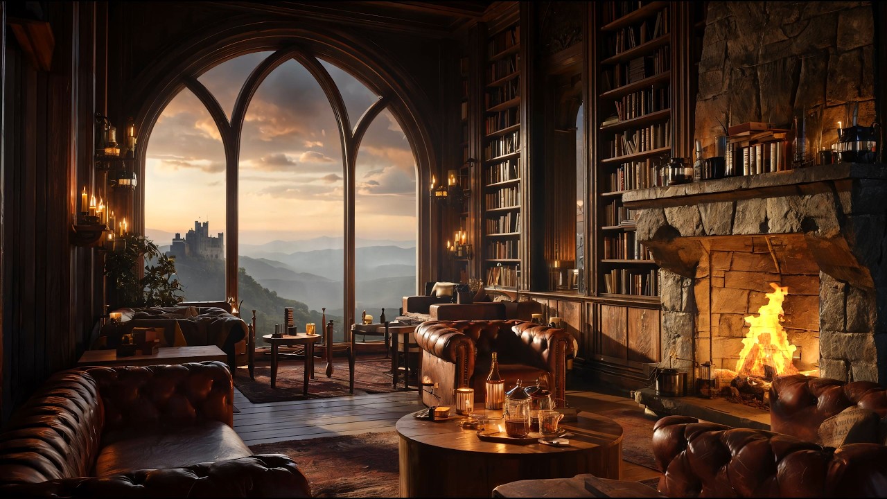 Cozy Scottish Library Ambience | Celtic Music & Fireplace in a Highland Castle | 4K