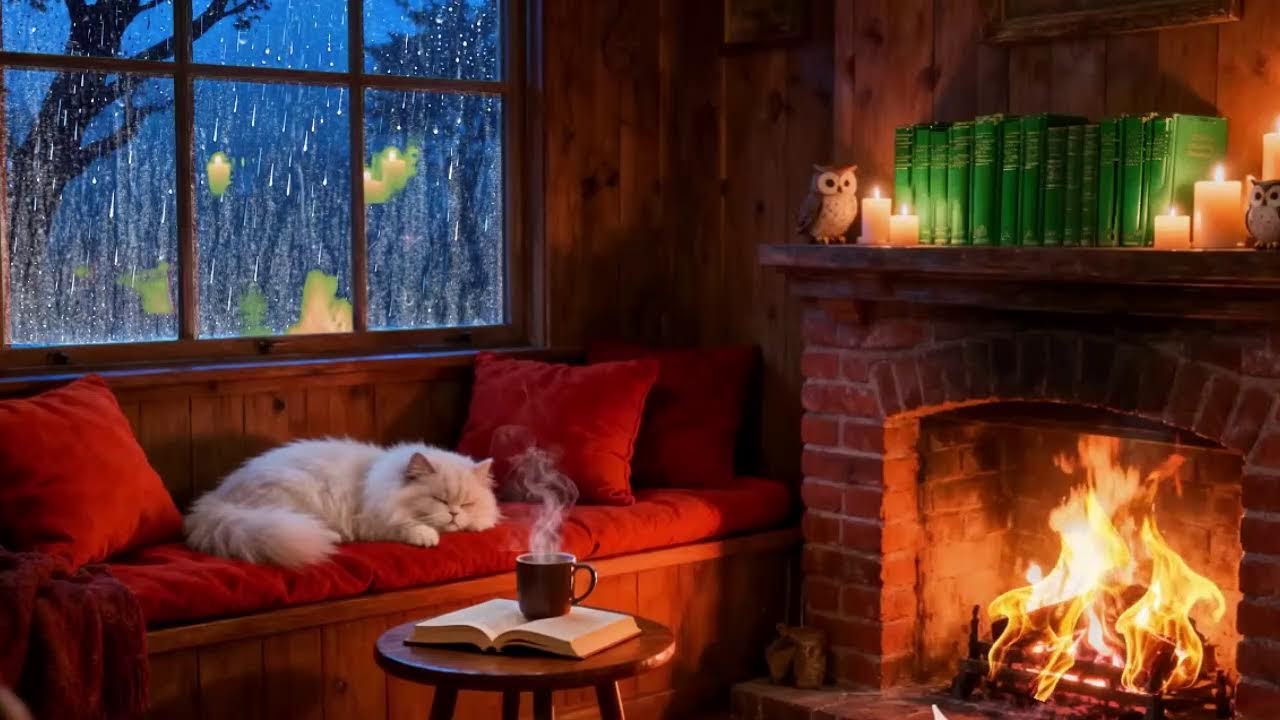 Cozy Rainy Cabin Ambience 🌧️ Fireplace Sounds for Sleeping, Relaxing & Reading