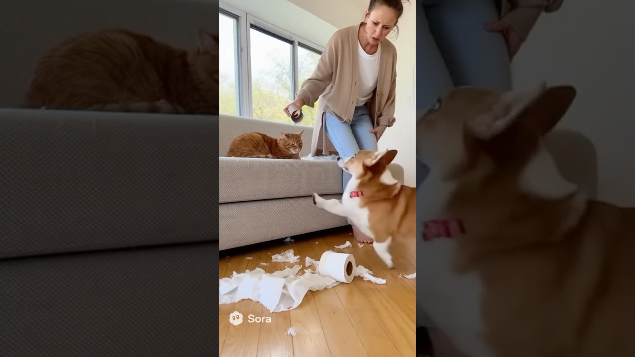 Dog Blames the Cat for the Mess 😾🧻 Cat Gets MAD! #shorts #soraai