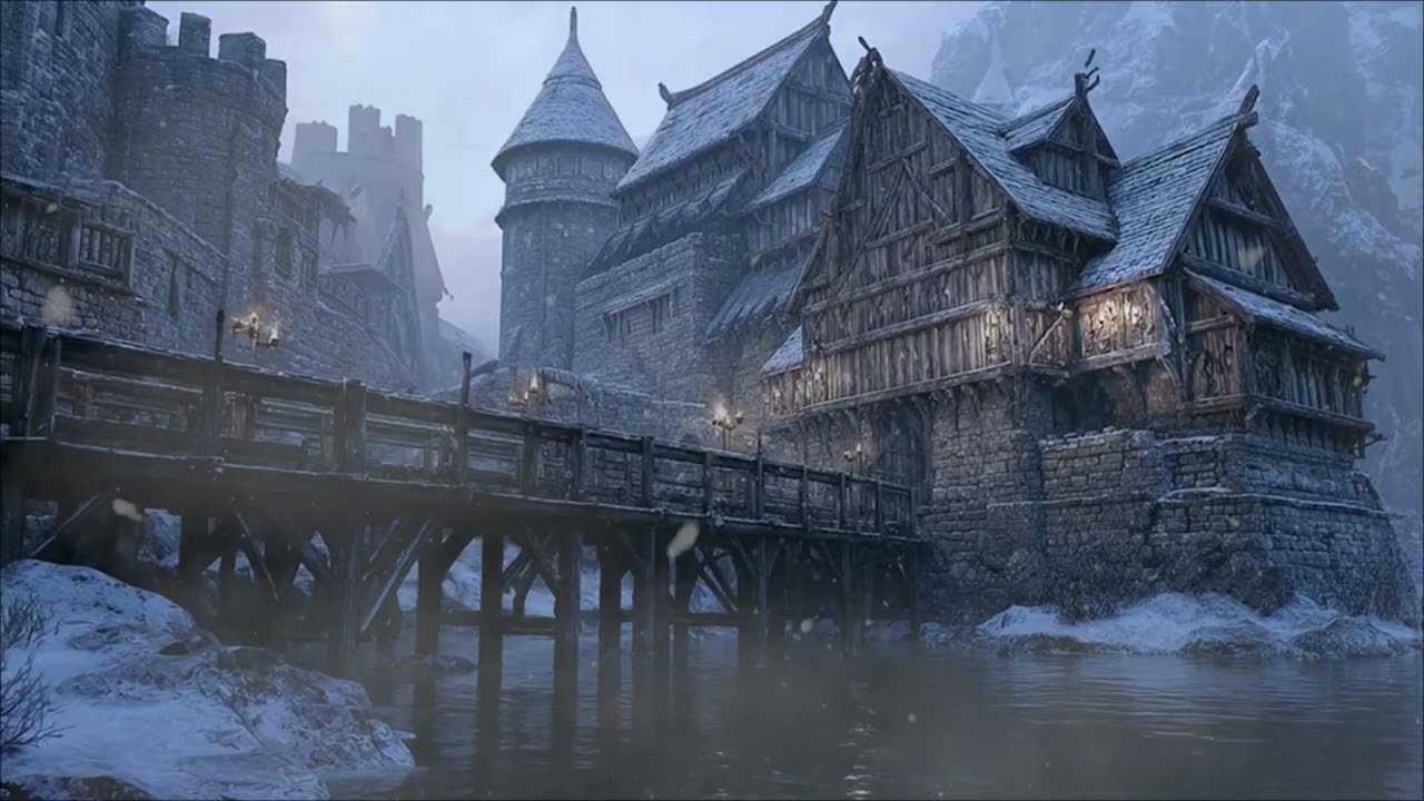 Victorian Attic Overlooking a Misty Medieval Temple | Gentle Snowfall Ambience for Sleep & Study