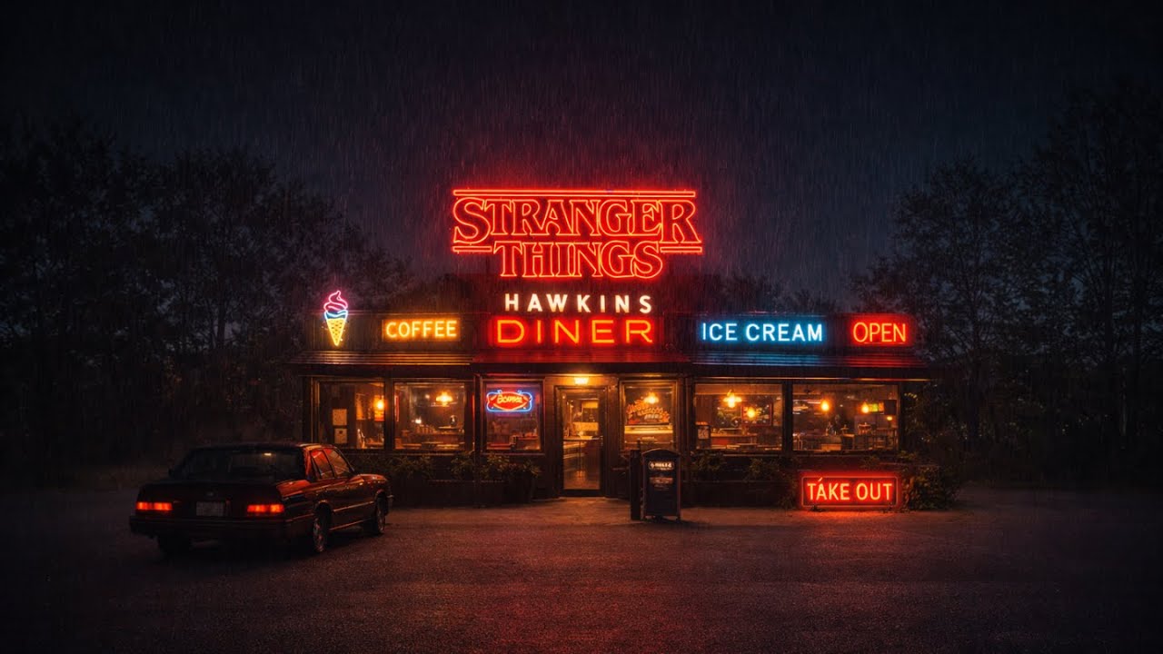 Midnight at Hawkins Diner | Rainy Stranger Things Ambience | Rain Sounds & Music