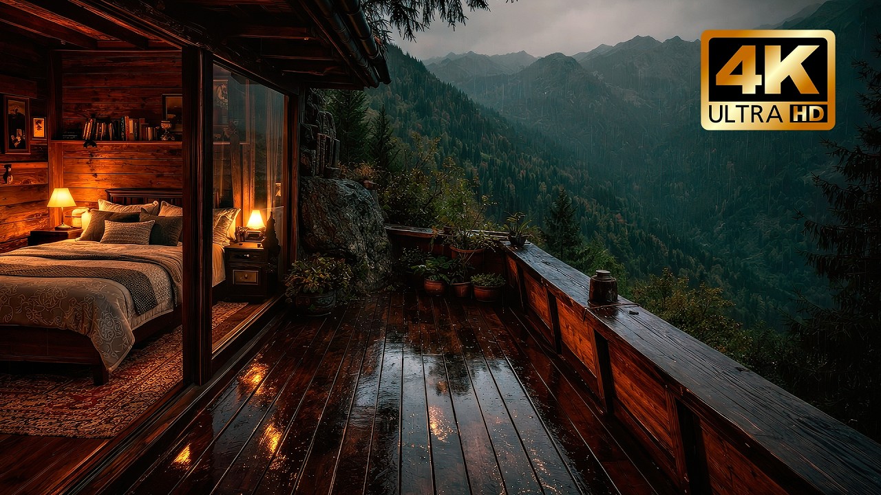 Gentle Rain in a Mountain Cabin Bedroom | Deep Sleep Ambience 4K