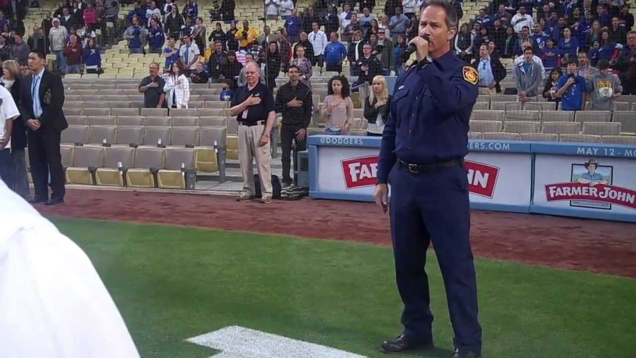 Todd Leitz sings the National Anthem at Dodger Stadium on May 7, 2013