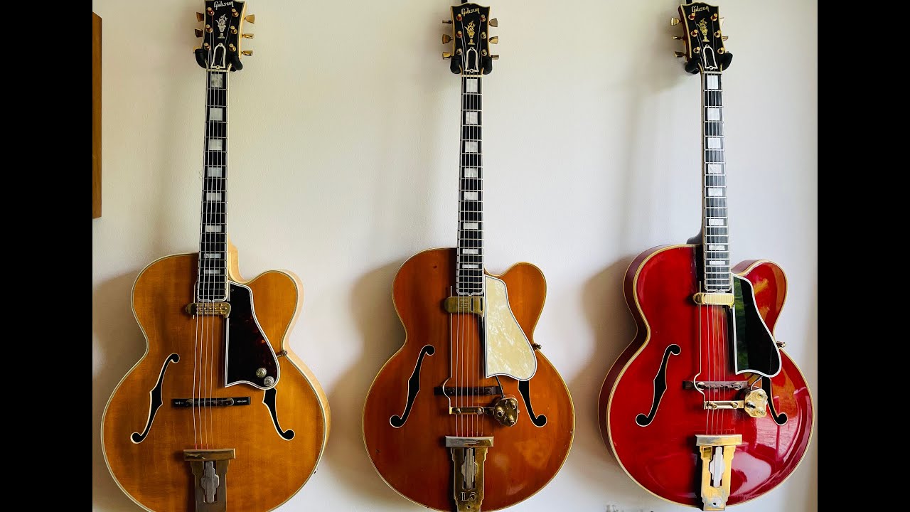 3 George Gobel Gibson L5CTs side by side w Chiefs & DeArmond FHC pups. Steve Jordan remembered.