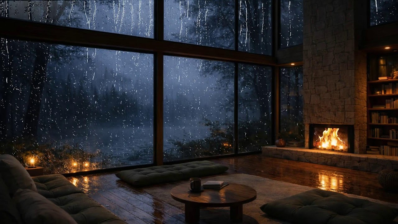 Rainy Evening Jazz Piano 🌙 Window Rain & Firelight