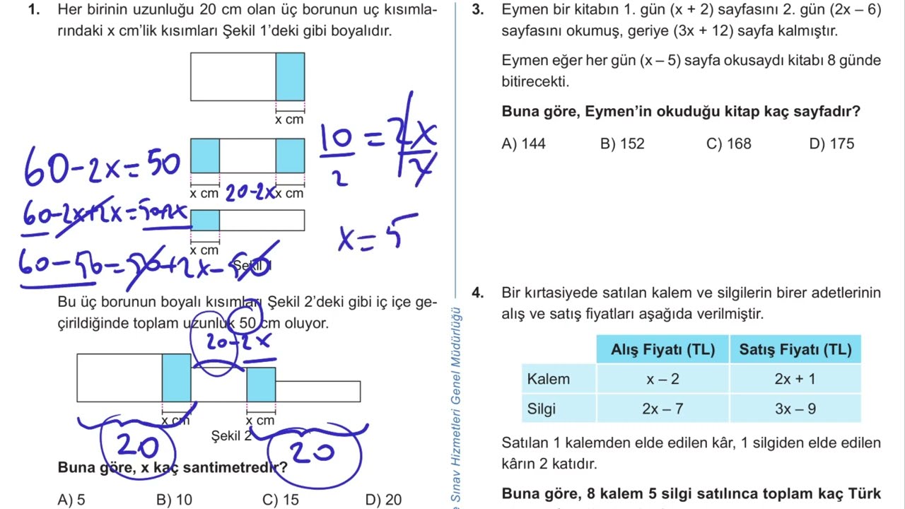 7. Sınıf Matematik Kazanım Kavrama Test 15 (Eşitlik ve Denklem) Çözümler