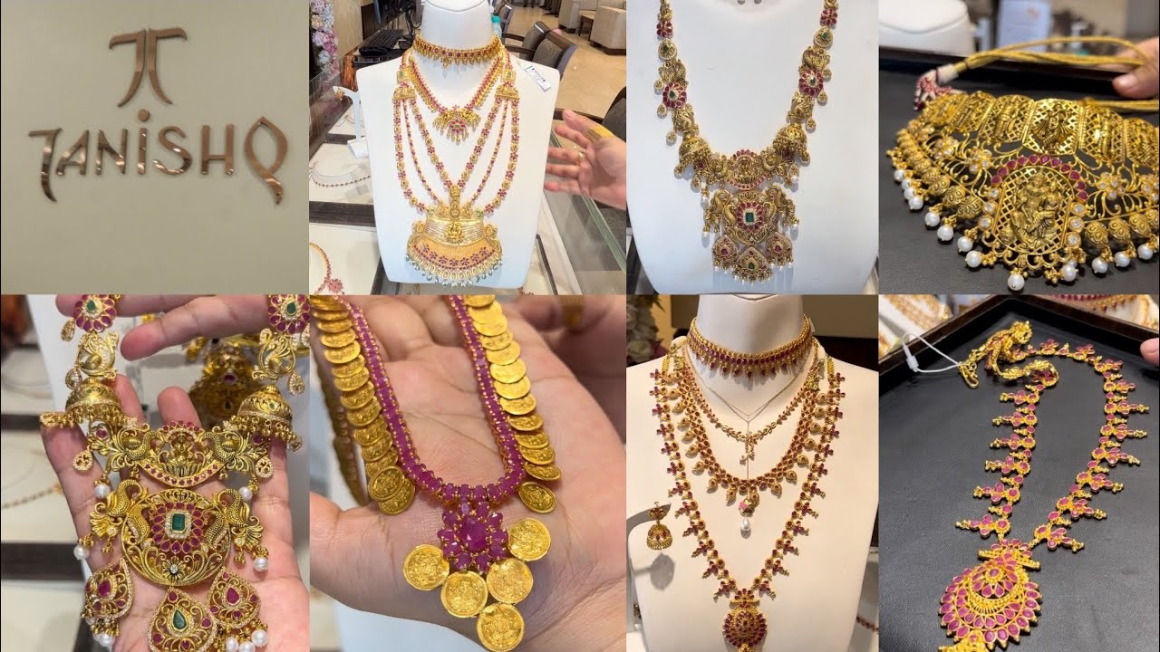 Tanishq latest best collection Gold Long Necklace/ Ranihaar/ Kasumala/ Choker gemstone ruby necklace