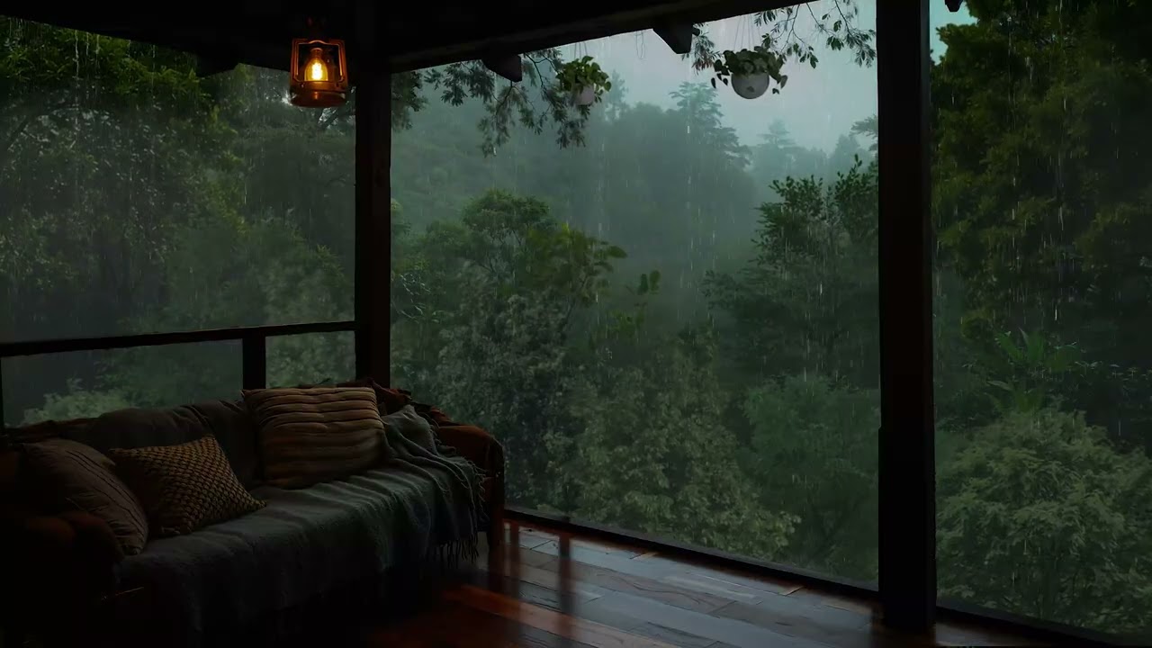 Serene Tropical Rain on a Cabin Balcony | Gentle Rain & Thunder for Relaxation