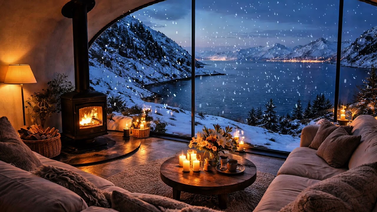 Fireplace Ambience with Crackling Fireplace Sounds ❄️ Winter Cabin by the Lake | Cozy 4K
