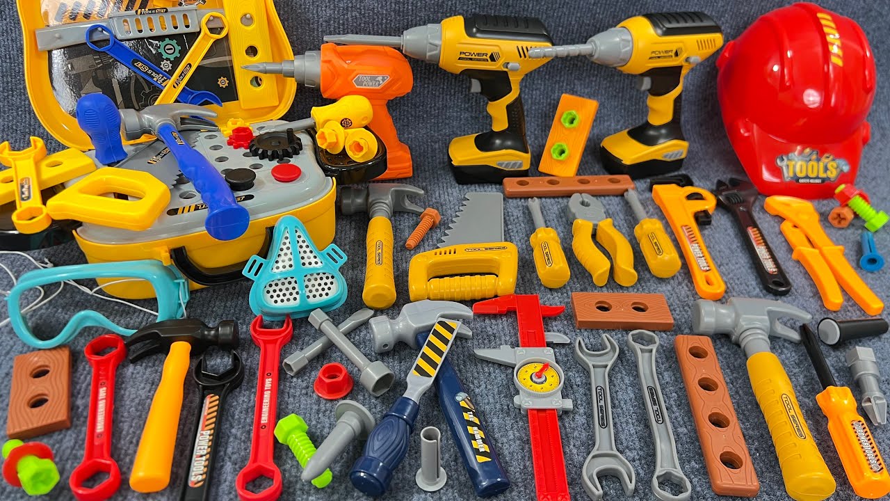 14 Minutes Satisfying with Unboxing Electric drill Playset,Yellow woodworking tools | Toy Review  