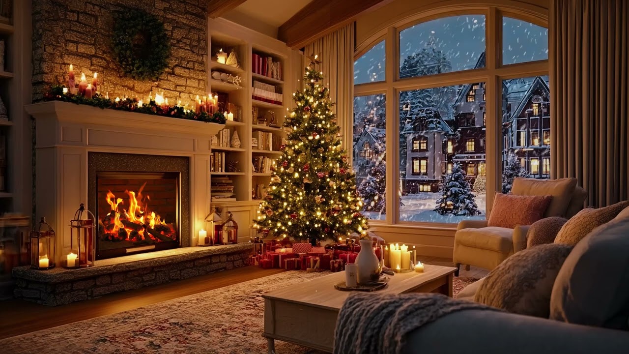 🎄 Cozy Christmas Ambience Fireplace Candlelight and Snow Sounds