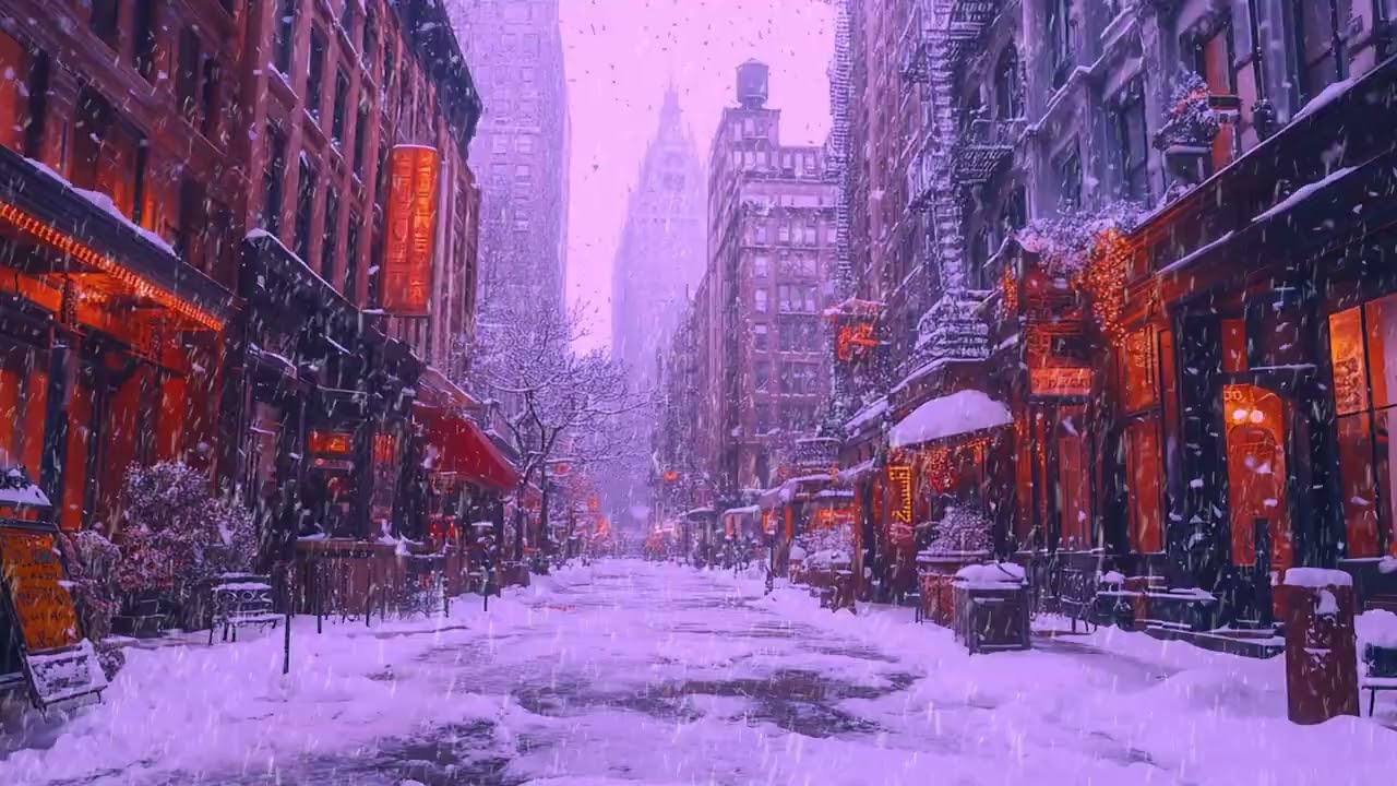 Winter Night in a Small Town with Continuous Snowfall and No Sound