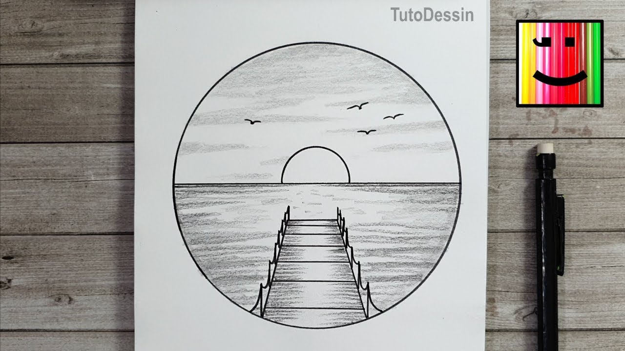 Tutoriel dessin | Pont au bord de la mer dans un cercle - Dessin d'un coucher de soleil