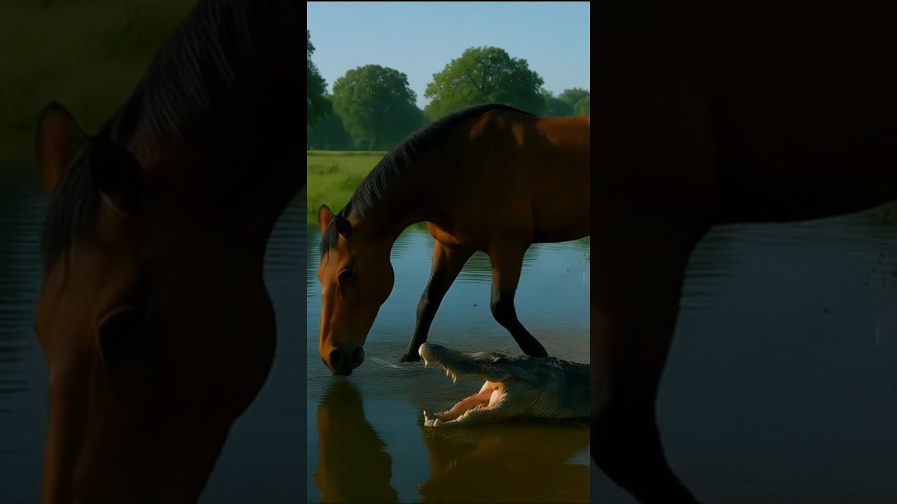 A crocodile attacked the horse while standing and drinking water. #horse #crocodile