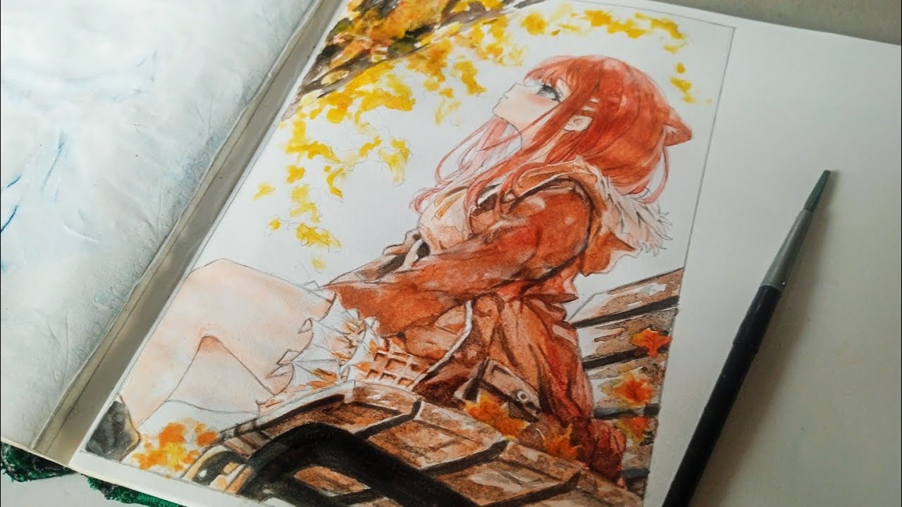 Girl sitting on bench | Aesthetic water color painting 