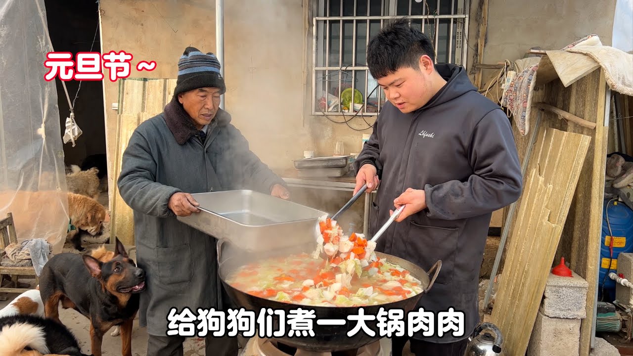 新年第一天，煮一大鍋肉肉給50多只狗狗們改善夥食，簡直太幸福了