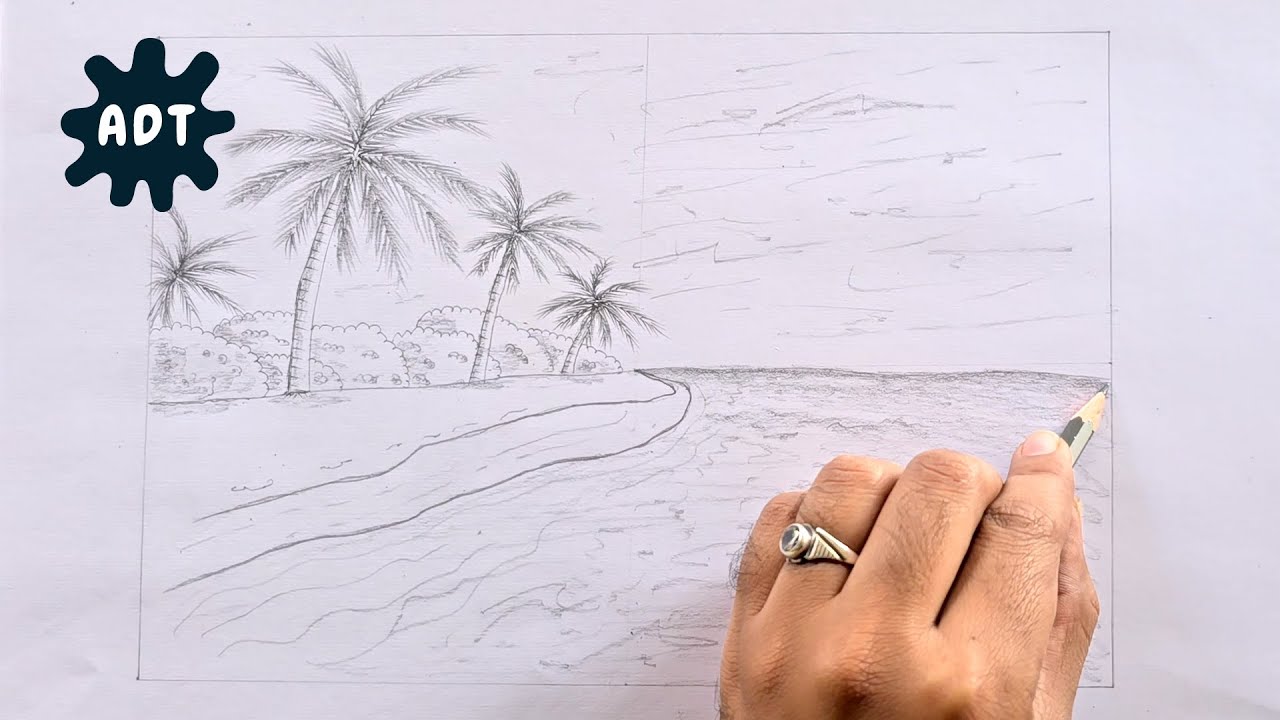Easy Landscape Tropical Beach Drawing Pencil Sketch Tutorial