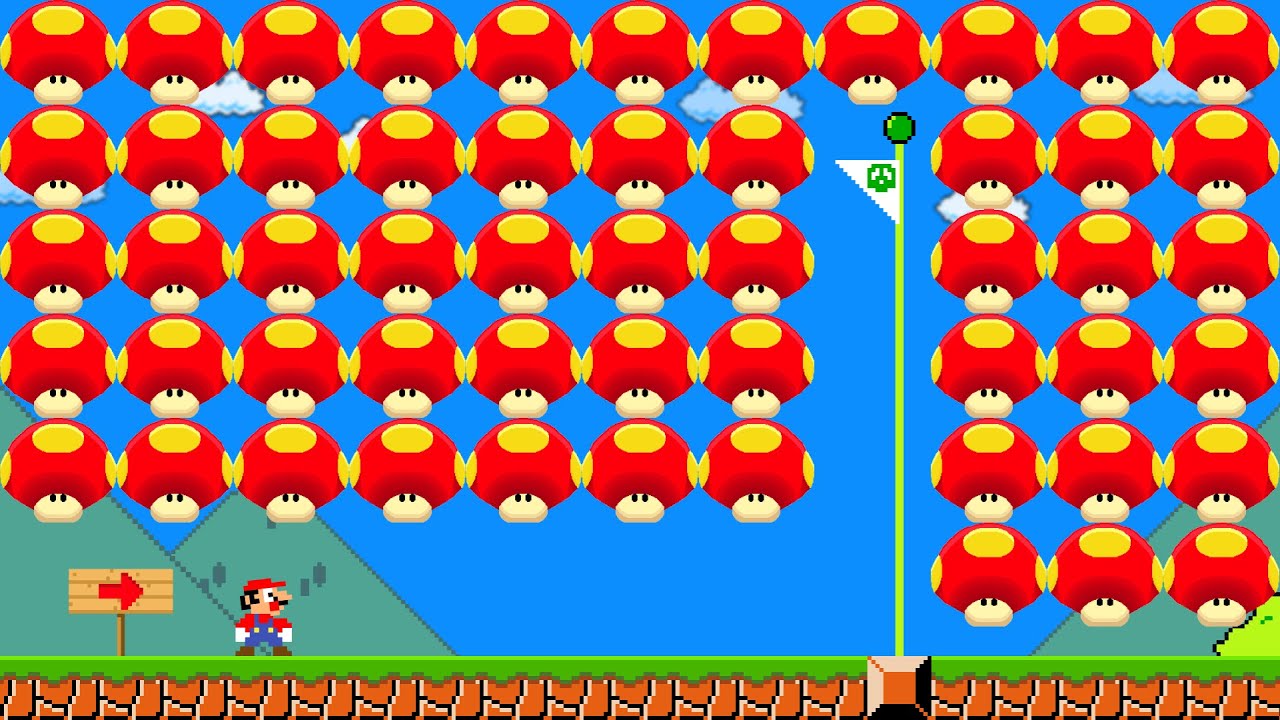 Super Mario Bros., but Mario Gets 999 Giga Mushrooms!