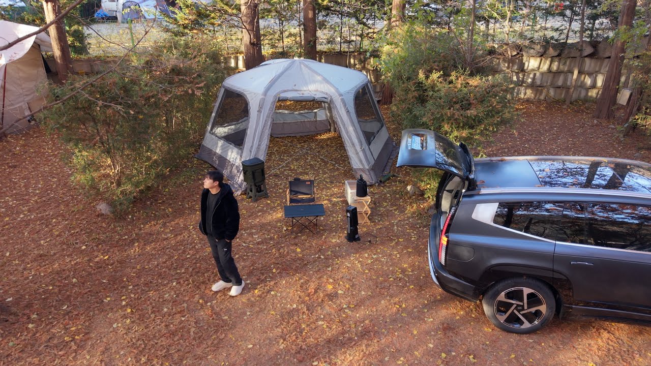 메타세콰이어 나무 아래에서 캠핑 l 삼겹살과 라면, 그리고 소주 l 현대 아이오닉9 l Solo Camping l korea camping
