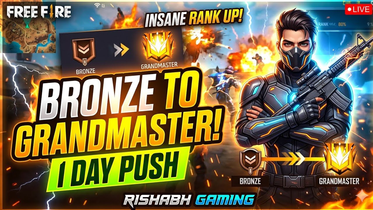 BRONZE to GRANDMASTER in 1 DAY 😱 | 24 Hour Rank Push Live 🔥 | Free Fire Live | Rishabh Gaming