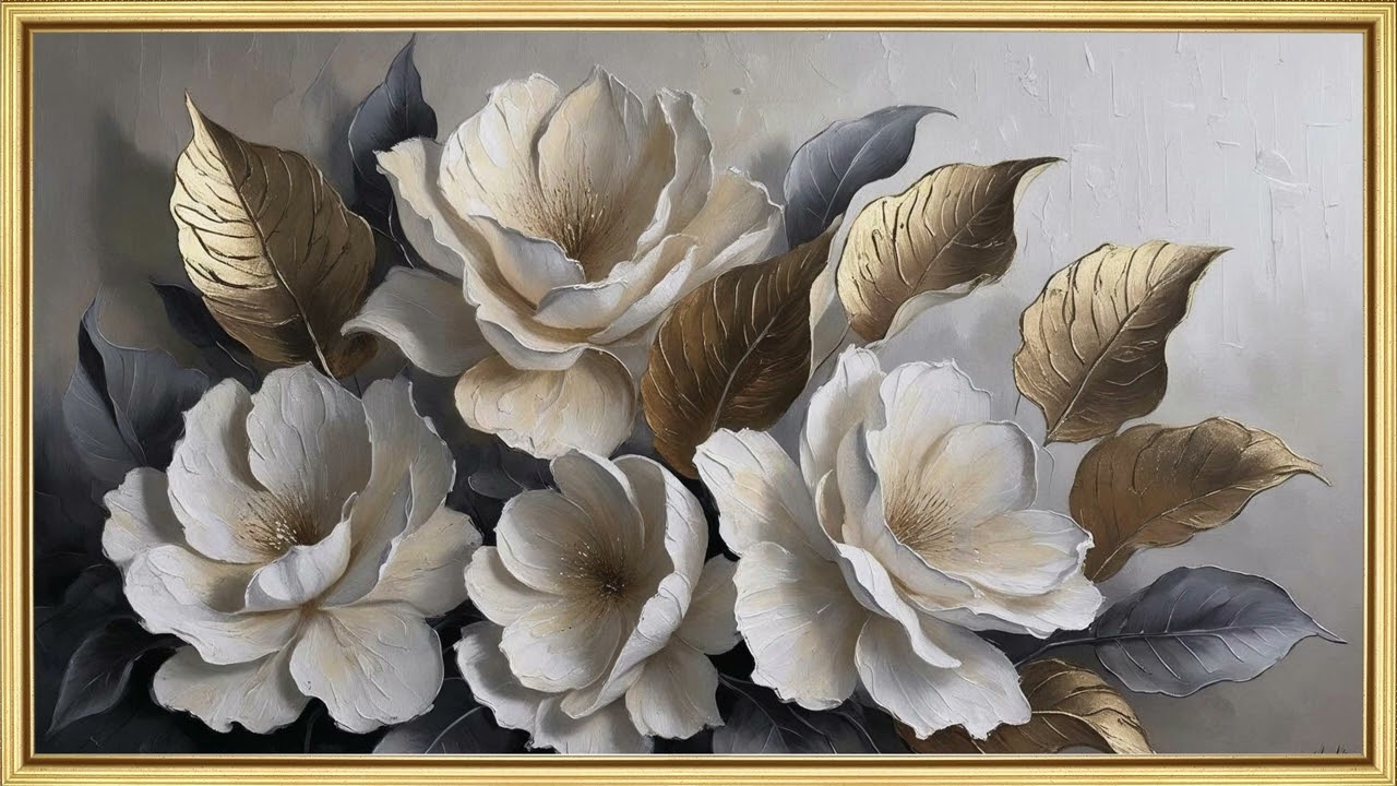 Luxury Textured Oil Painting | White & Gold Floral Wall Art | Elegant Modern Home Decor #frametvart