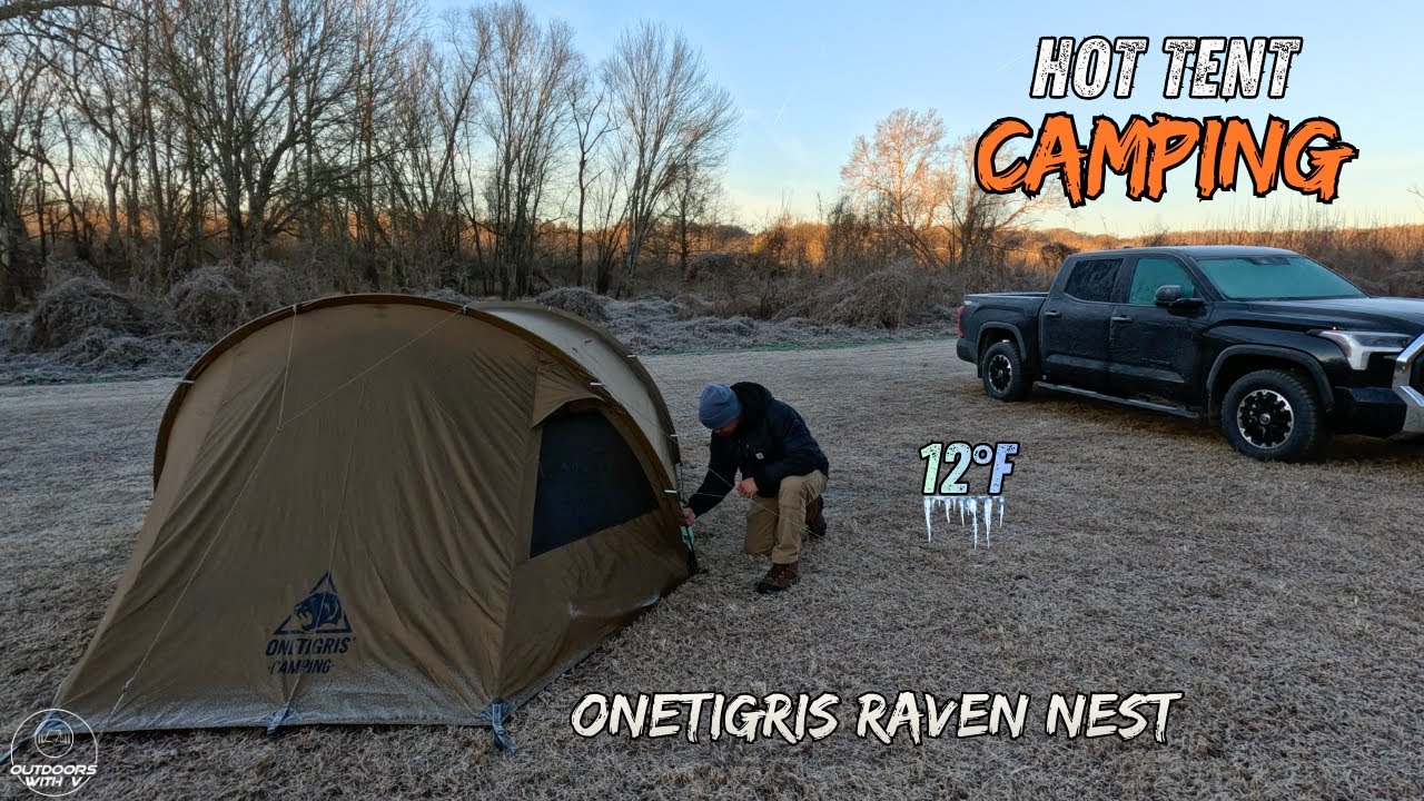 Overnight Hot Tent Camping  - Field Testing OneTigris Raven Nest Tunnel Hot Tent - Low of 12°F