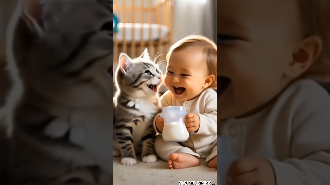 LUCU BANGET !!  Kucing tertawa ngakak gara-gara bayi kentut 
