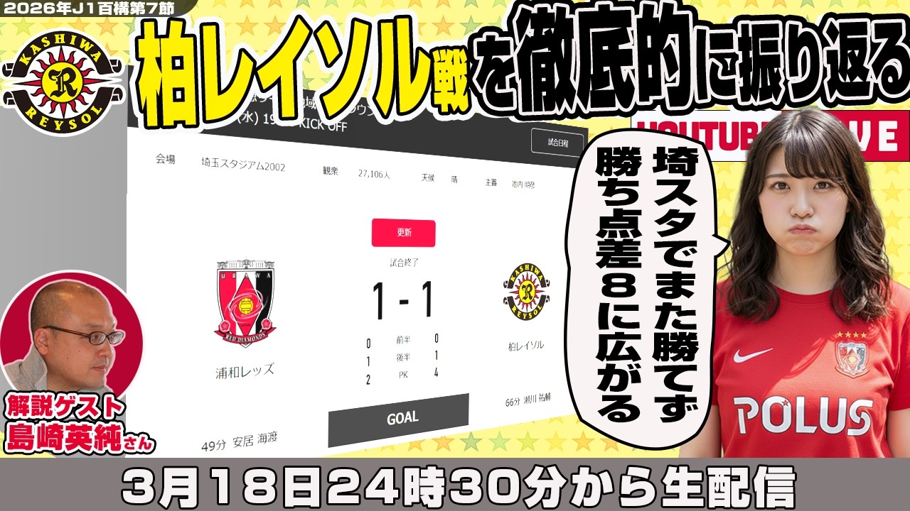 島崎英純さんとJ1百年構想リーグ地域リーグラウンド第7節「浦和レッズvs柏レイソル」を徹底的に振り返るライブ配信
