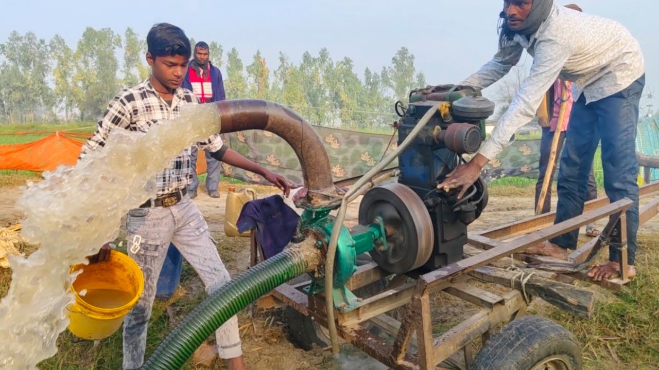 Farming Water riirgation System // Diesel engine Water Pump Machine Setup Village in India Kisan 