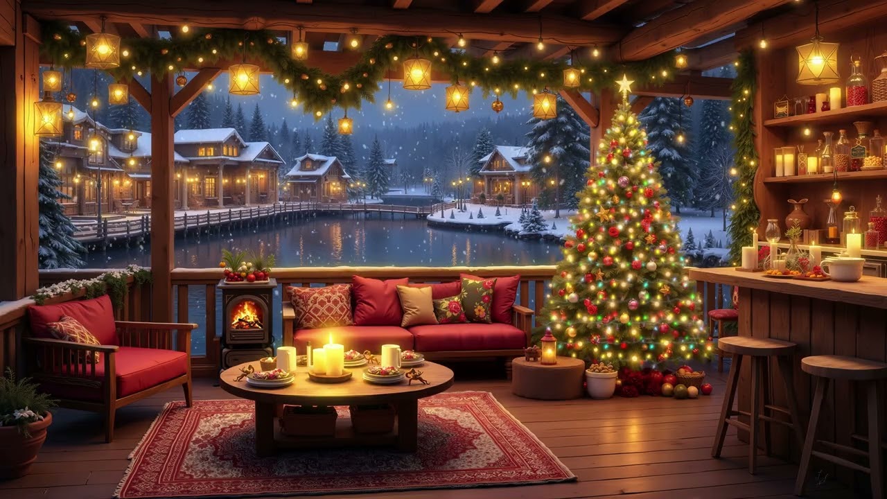 Cozy Winter Cabin Café Shop ❄️ Snowfall & Fireside Christmas Jazz by the Lakeside