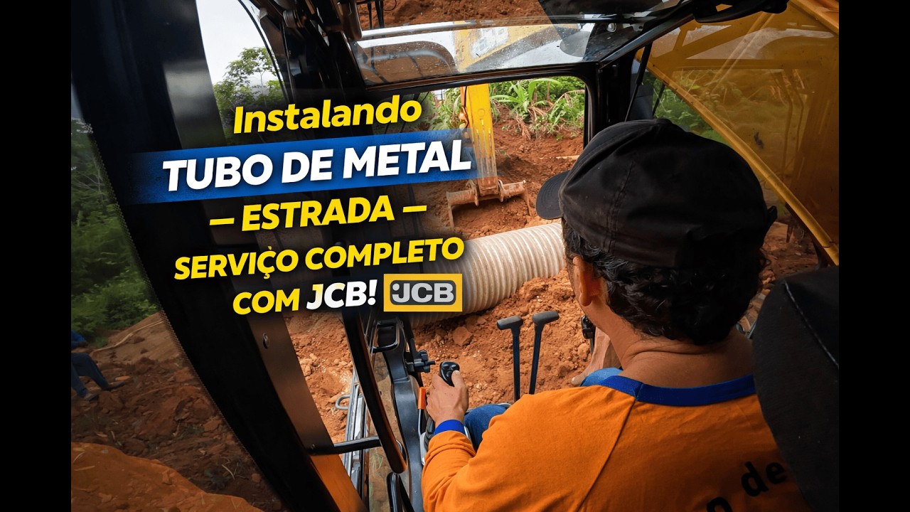 Instalando tubo de metal na estrada.