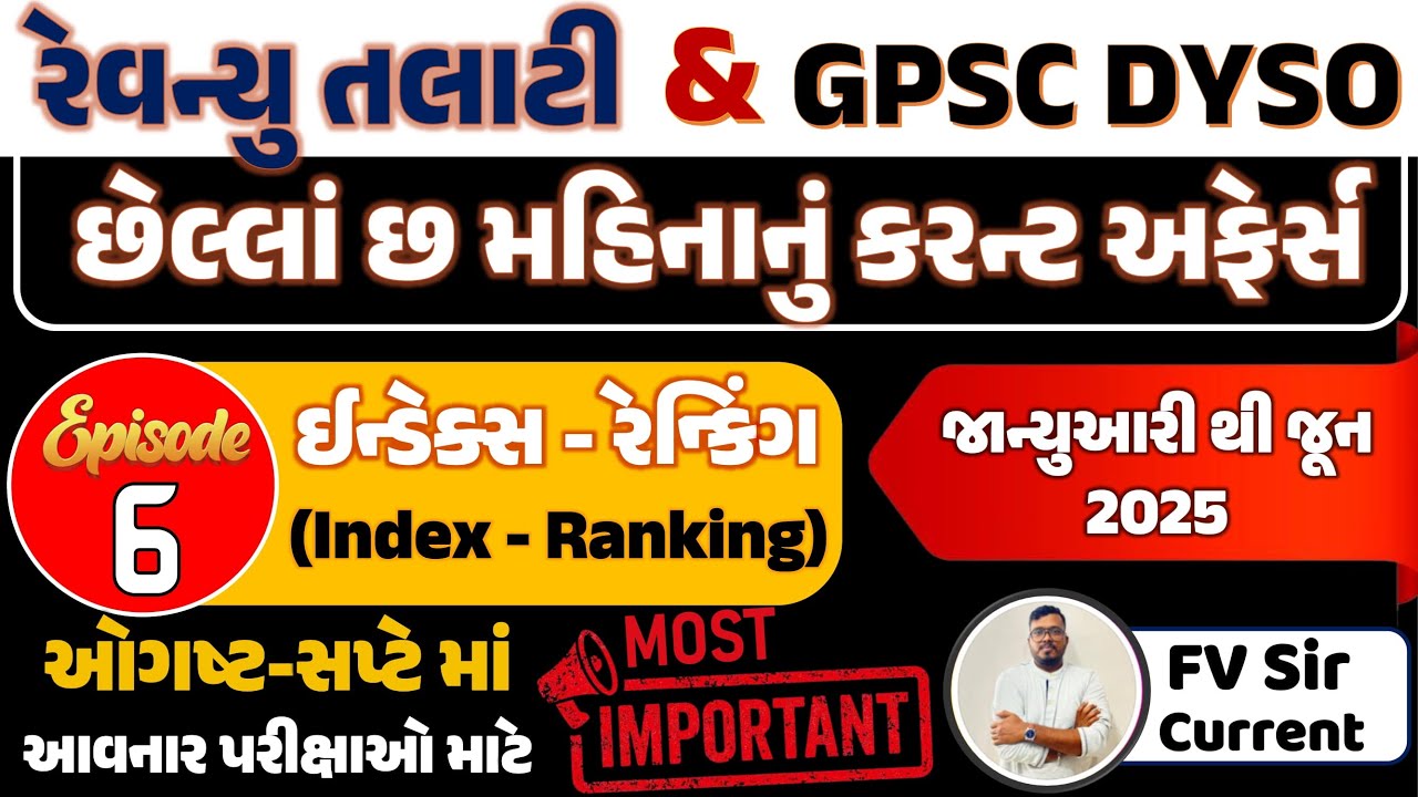 6 Month Current Affairs | જાન્યુ થી જૂન 2025 | Index - Ranking | Revenue Talati | GPSC DySO